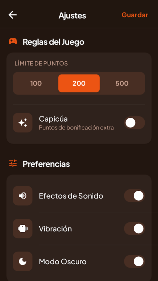 Pantalla de ajustes y reglas