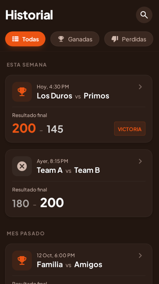 Pantalla de historial de partidas