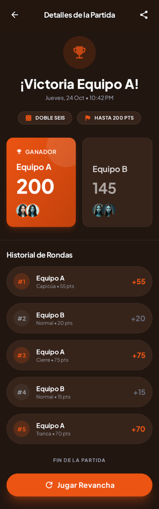 Pantalla de resultado de partida